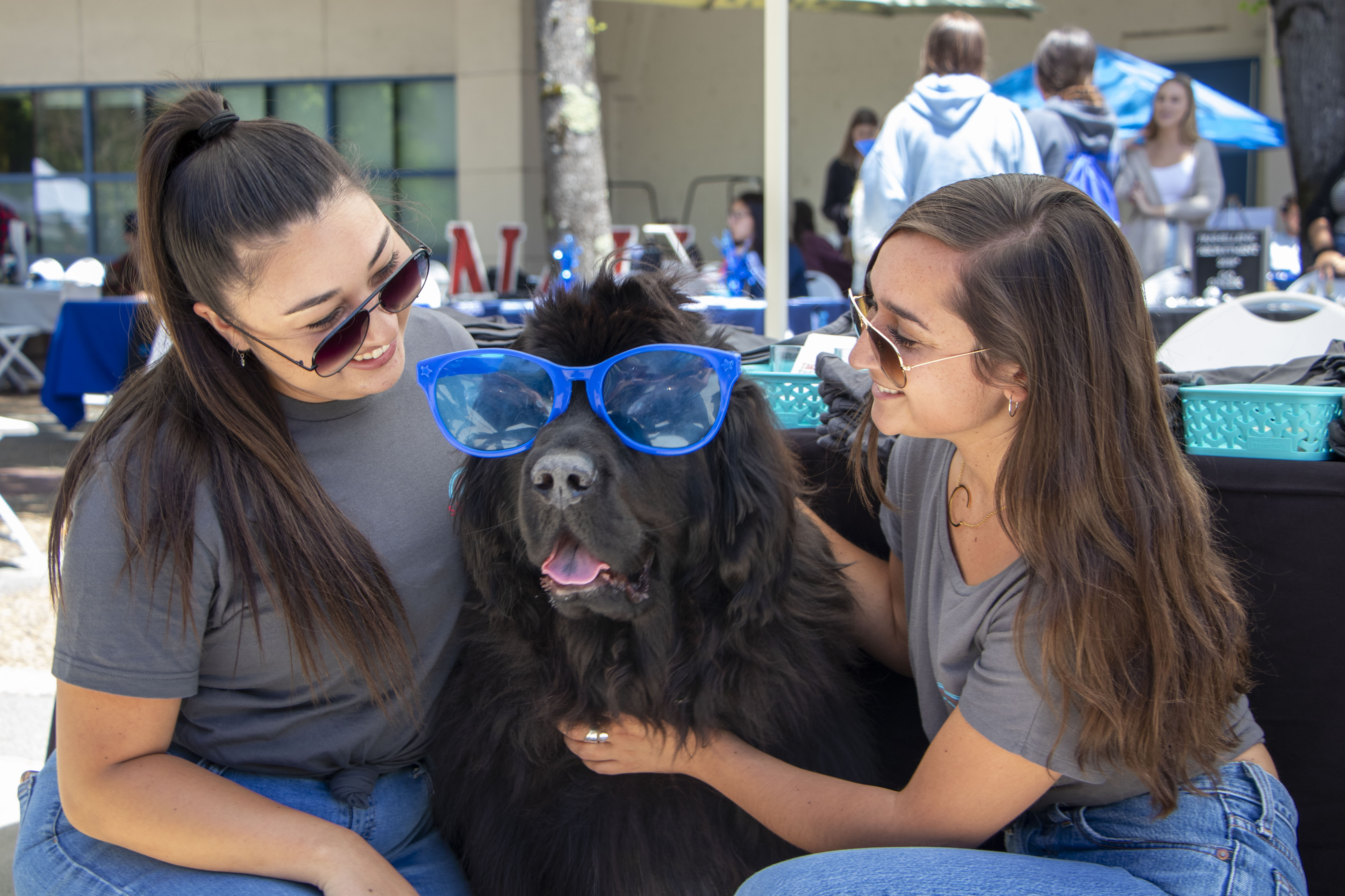 Bismarck the dog poses with two students