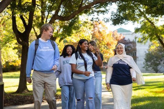 Group walking and socializing on campus