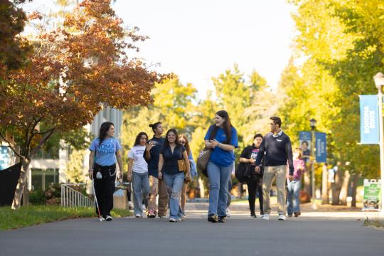 Students walking to Seawolf Plaza in a group