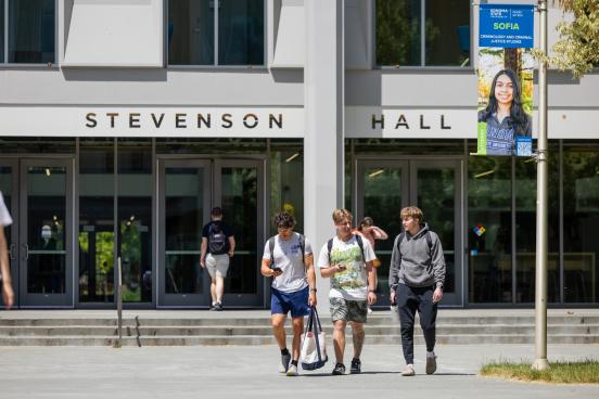 Students laughing outside stevenson hall
